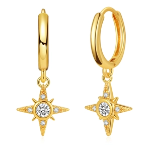 Detail view of 18K gold plated hoop earrings with zircon starburst pendant design