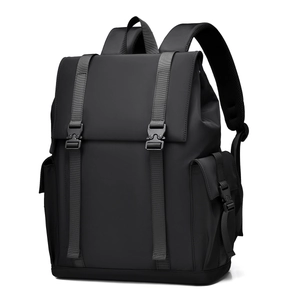 Men's minimalist black business backpack with buckle closure and waterproof fabric