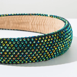Macro shot of luxury padded headband with colorful AB rhinestones and non-slip lining