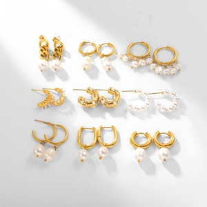 9-pair vintage 18K gold plated hoop earring set with elegant white pearls on white background