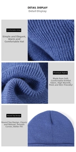 Detail of blue ribbed knit beanie showing thick warm lining and dome design