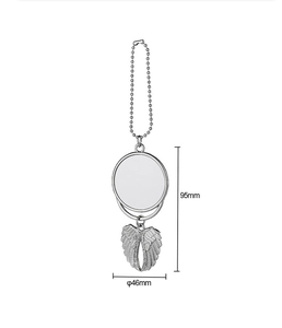 Detail view of silver sublimation blank pendant with angel wings and size measurements
