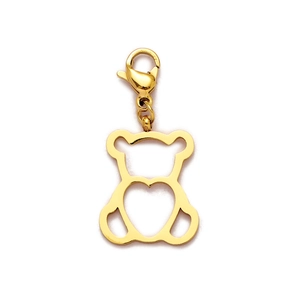 Detailed view of a gold hollow heart teddy bear pendant with a lobster clasp