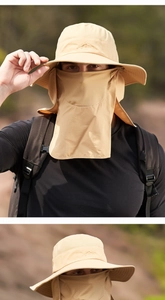 Detail of khaki outdoor sun hat with Sport embroidery and protective neck flap cover