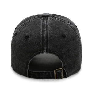 Adjustable washed black cotton baseball cap with vintage bronze buckle from the back view