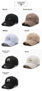 Detail showcasing seven color options of embroidered M letter cotton baseball caps