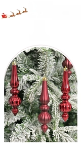 Macro detail of red spiral spindle Christmas ornaments with glossy and matte textures