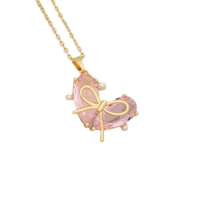 18K gold plated necklace featuring a pink heart pendant with a golden butterfly and pearls