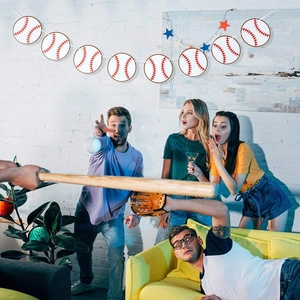 Baseball themed party banner decoration with red stitching pattern on white round cards