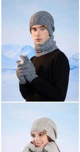 Close-up of winter knit set including hat, scarf, and touch-screen gloves in grey