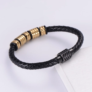 Men's black braided leather bracelet with 18k gold plated stainless steel magnetic clasp