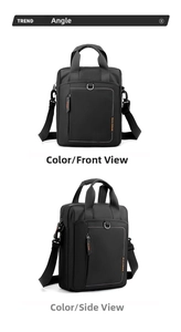 Detail view of the durable fabric and brand logo on this professional men's laptop briefcase