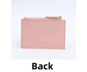 Detailed back view of pink leather wallet showing neat stitching and secure top zipper