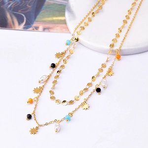 Double Layer Necklace Titanium Steel 18K Gold Plated Star Pendant Artificial Baroque Pearl Colorful Beads Bohemian Fashion