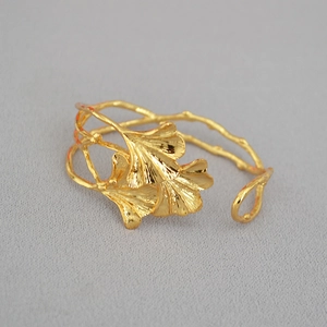 Franse Vintage Geborstelde Ginkgoblad Open Manchetarmband Messing 18K Verguld Verstelbare Takvorm Sieraden Vrouwen