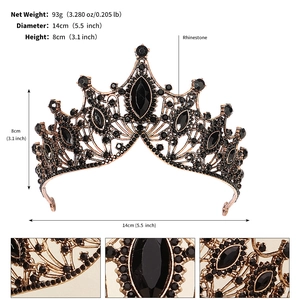 Detail view of black rhinestone crown dimensions showing 14cm diameter and 8cm height