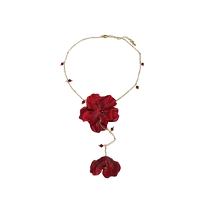 Elegant gold necklace with dark red fabric flower pendants and crystal beads in a retro style