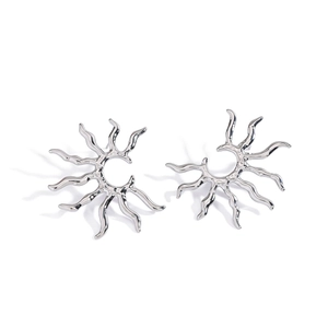 Detailed view of silver geometric sunburst earrings with irregular hollow design