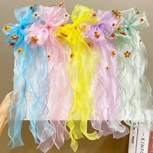 Five-piece set of large organza flower bow hair clips with long streamers in pastel colors