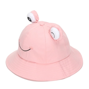Cute pink cotton frog bucket hat for toddlers with 3D eyes and smile embroidery