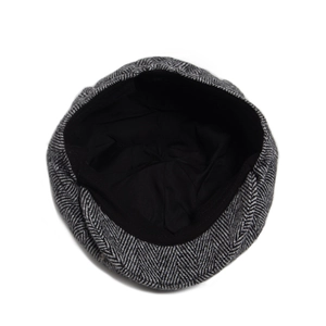Retro grey herringbone wool newsboy cap for men featuring classic black fabric lining