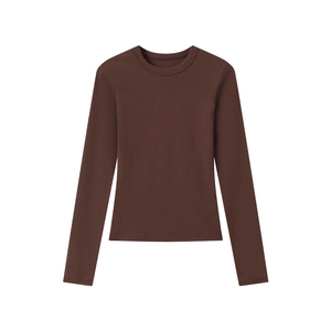 Flat lay of brown modal stretch long sleeve T-shirt with a classic crew neck design