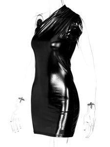 Detail of black one-shoulder mini dress in glossy faux leather on a mannequin