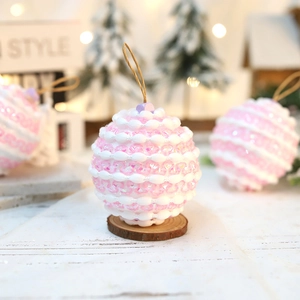 Pink and white 8cm macaron Christmas foam ball with bead texture and rustic rope hanger