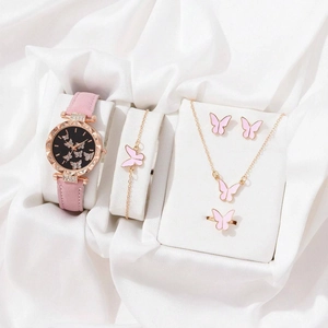 Elegant 5-piece pink butterfly watch set with matching jewelry in rose gold finish