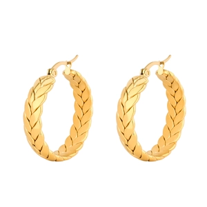 Textured gold-plated wheat pattern hoop earrings in stainless steel with snap closure