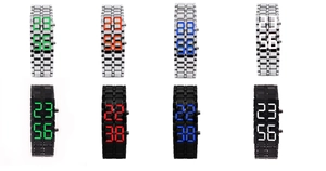 LED Lava watch collection featuring silver and black metal bands with multi-color displays