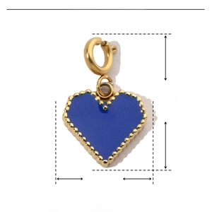 Blue enamel heart pendant with golden beads, dimensions 11x18mm, stainless steel material