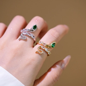 Snake Adjustable Ring Copper Gold Plated Green Emerald Zircon Animal Shape Luxury Statement Jewelry For Women