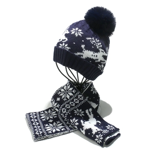 Gros plan détaillé sur l'ensemble bonnet et écharpe en tricot bleu avec motifs de rennes
