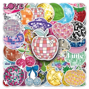 Assorted disco ball stickers featuring reflective fruit, heart, and planet shapes