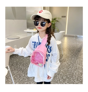 Pink children's chest bag with transparent pocket featuring colorful sequins and glitter