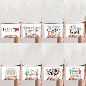 Detailed grid of 8 canvas cosmetic bags featuring various teacher appreciation prints