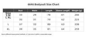 Size guide table for long sleeve yoga bodysuit showing chest, waist and length details