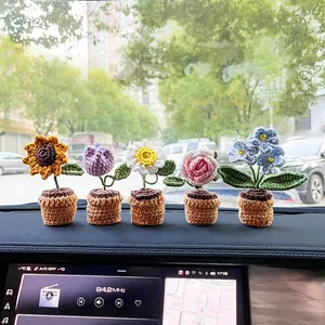 Handmade crochet mini potted plants with sunflower and rose designs for car dashboard decor