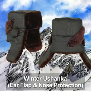 Winter bomber hat in dark green with warm brown faux fur lining over snowy peaks