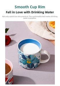Detail showing floral ceramic mugs with large blue-cyan patterns and round handle