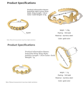 Macro view of 14K gold plated butterfly rings with crystal settings and dimensions