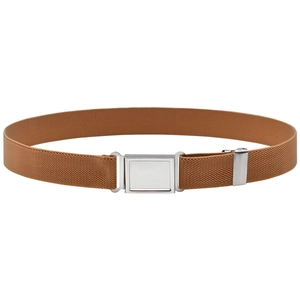 Detail of a brown elastic kids belt with silver magnetic buckle on white background