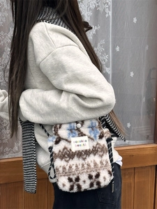 Plush crossbody bag with vintage geometric patterns and braided rope strap for winter