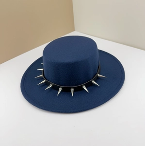 Navy blue wool boater hat with black leather strap and silver punk metal spikes