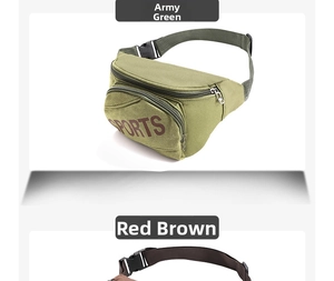 Army green and reddish-brown canvas fanny packs with multi-zipper pockets and sports print