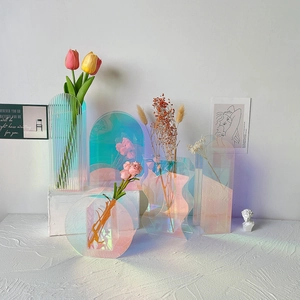 Moderne Irisierende Acryl Vase Geometrische Nordische Stil Regenbogen Blumentopf Für Wohnzimmer Büro Kunst Desktop Dekor