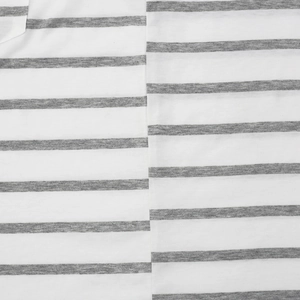 Close-up of grey and white striped fabric showing detailed stitching on a men's t-shirt