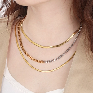 Layered Necklace Stainless Steel Gold Plated Herringbone And Cuban Link Chain Hip Hop Street Style Jewelry For Women