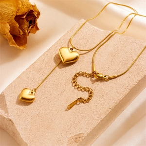 Double Heart Pendant Necklace Y-Shaped Tassel Stainless Steel Gold Plated Snake Chain Elegant Jewelry For Women